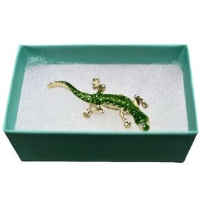 Vintage Gold Tone Enamel & Crystal Gecko Lizard Brooch Pin Sparkling Green Body